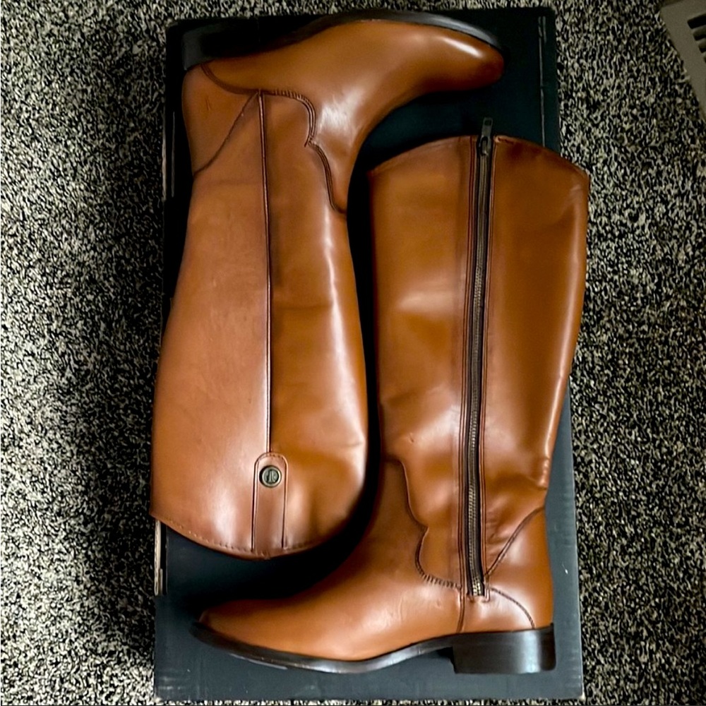 Frye Marissa Medallion Cognac Leather Riding Boot, new in box - Picture 1 of 8